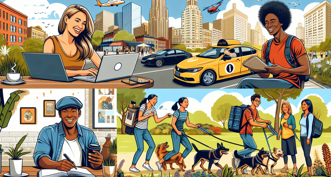 Create an image that showcases a diverse range of top side hustle jobs to boost income. Include a visually engaging scene featuring a young professional doing freelance graphic design on a laptop, another individual driving a rideshare car, someone delivering groceries, an energetic dog walker in a park, and another person taking photos with a professional camera for stock photography. The background should include various urban elements like city buildings, cafes, and parks, highlighting the flexibility and diversity of side hustles in an urban setting.