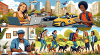 Create an image that showcases a diverse range of top side hustle jobs to boost income. Include a visually engaging scene featuring a young professional doing freelance graphic design on a laptop, another individual driving a rideshare car, someone delivering groceries, an energetic dog walker in a park, and another person taking photos with a professional camera for stock photography. The background should include various urban elements like city buildings, cafes, and parks, highlighting the flexibility and diversity of side hustles in an urban setting.