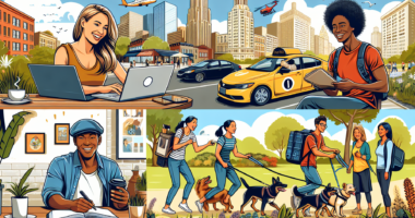 Create an image that showcases a diverse range of top side hustle jobs to boost income. Include a visually engaging scene featuring a young professional doing freelance graphic design on a laptop, another individual driving a rideshare car, someone delivering groceries, an energetic dog walker in a park, and another person taking photos with a professional camera for stock photography. The background should include various urban elements like city buildings, cafes, and parks, highlighting the flexibility and diversity of side hustles in an urban setting.