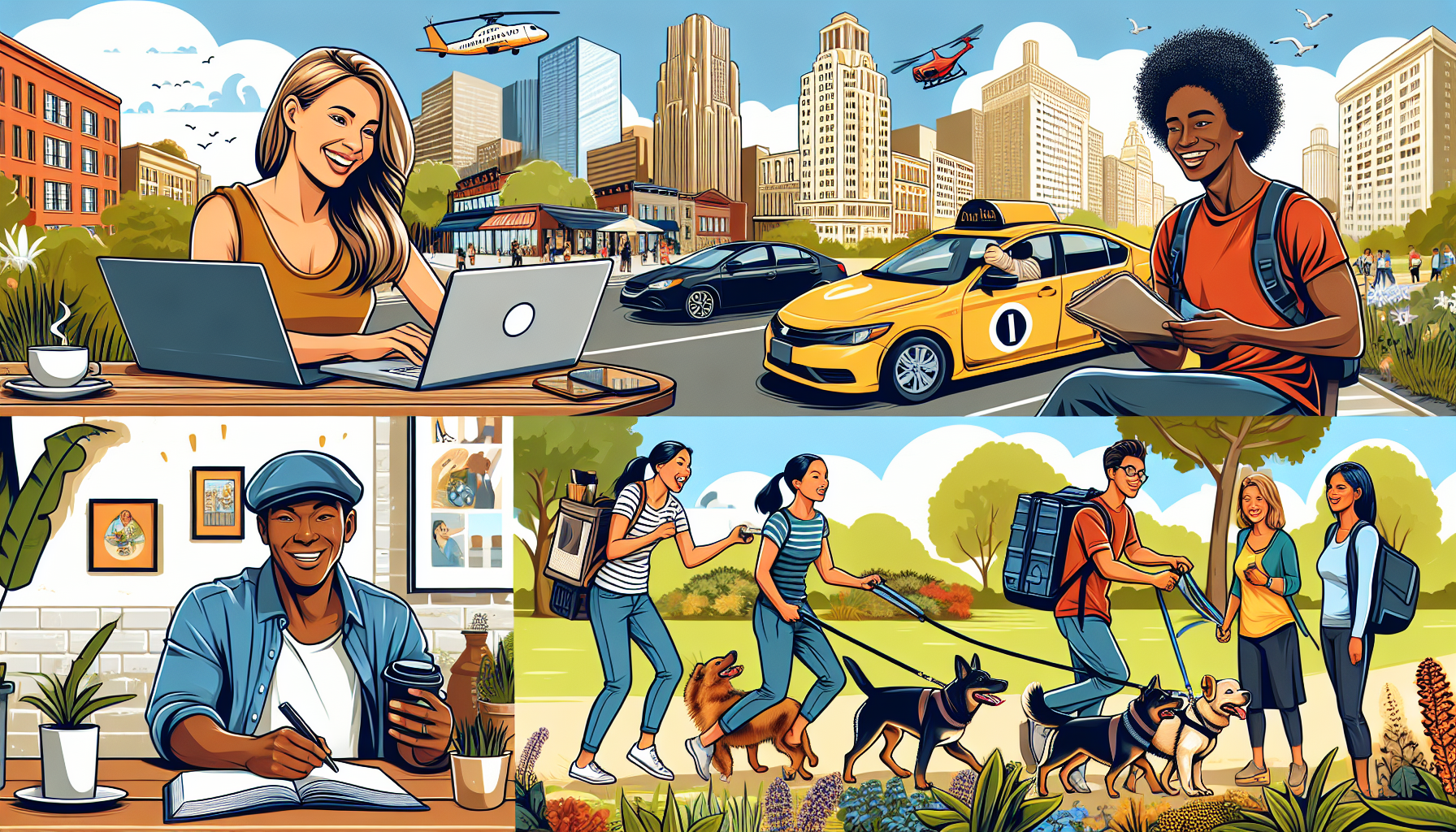 Create an image that showcases a diverse range of top side hustle jobs to boost income. Include a visually engaging scene featuring a young professional doing freelance graphic design on a laptop, another individual driving a rideshare car, someone delivering groceries, an energetic dog walker in a park, and another person taking photos with a professional camera for stock photography. The background should include various urban elements like city buildings, cafes, and parks, highlighting the flexibility and diversity of side hustles in an urban setting.