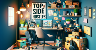 A cozy home office with a modern desk, a laptop open with multiple freelance gig websites on the screen, and a notepad with Top Side Hustles written on it. Surrounding the desk are elements representing various side hustles like a camera for photography, a stack of delivery boxes for e-commerce, a microphone for podcasting or voice-over work, and various crafting supplies. The room is bright and organized, radiating a sense of productivity and creativity.