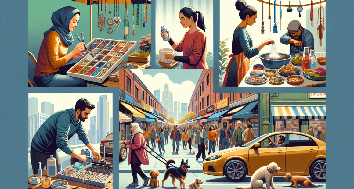 Create an image illustrating a busy weekend marketplace with individuals engaged in various side hustles. Include a variety of activities such as a person selling handmade jewelry, someone setting up