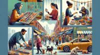 Create an image illustrating a busy weekend marketplace with individuals engaged in various side hustles. Include a variety of activities such as a person selling handmade jewelry, someone setting up