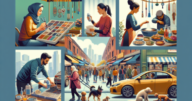 Create an image illustrating a busy weekend marketplace with individuals engaged in various side hustles. Include a variety of activities such as a person selling handmade jewelry, someone setting up