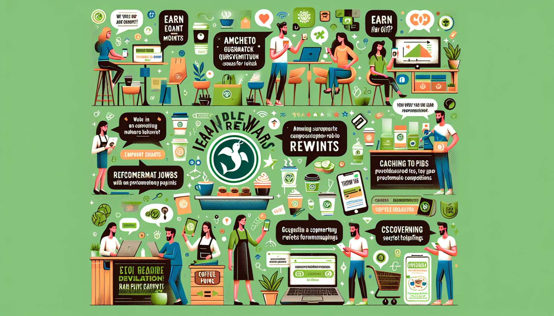 A vibrant and upbeat illustration showing twelve different methods to get free Starbucks gift cards and coffee. It features people engaging in various activities such as filling out surveys on a lapto