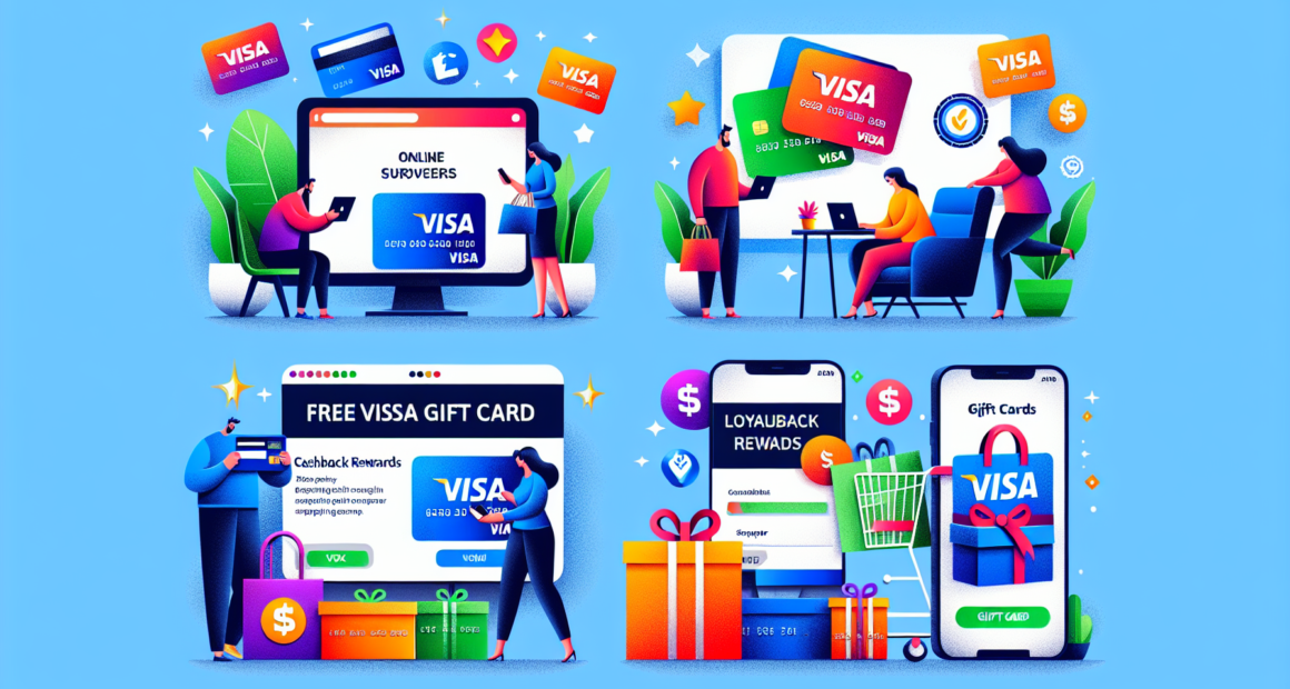 Create an image that visually represents various methods to obtain free Visa gift cards, such as online surveys, cashback from shopping, loyalty rewards, and promotional giveaways. Include elements li