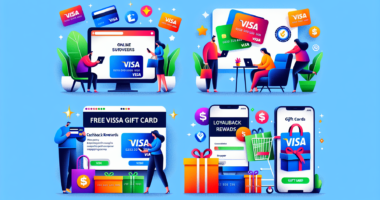 Create an image that visually represents various methods to obtain free Visa gift cards, such as online surveys, cashback from shopping, loyalty rewards, and promotional giveaways. Include elements li