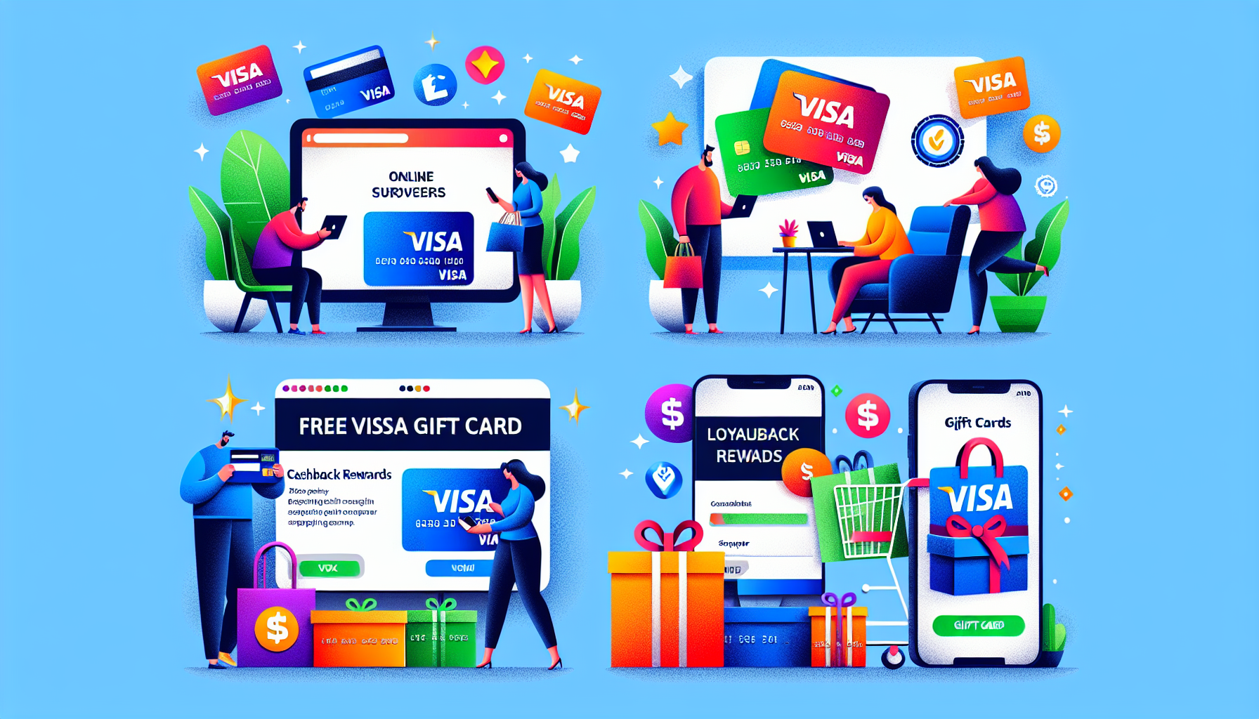 Create an image that visually represents various methods to obtain free Visa gift cards, such as online surveys, cashback from shopping, loyalty rewards, and promotional giveaways. Include elements li