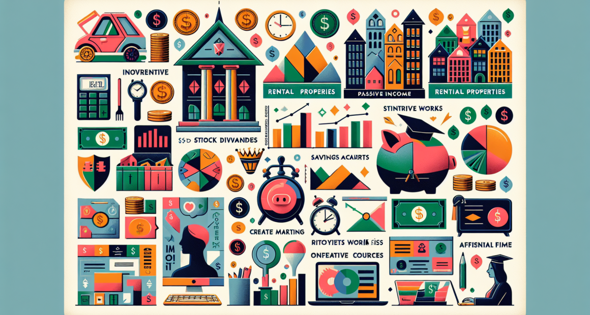 Create a vibrant and dynamic collage showcasing 14 different passive income streams. Include a variety of modern and traditional sources like rental properties, stock dividends, interest from savings