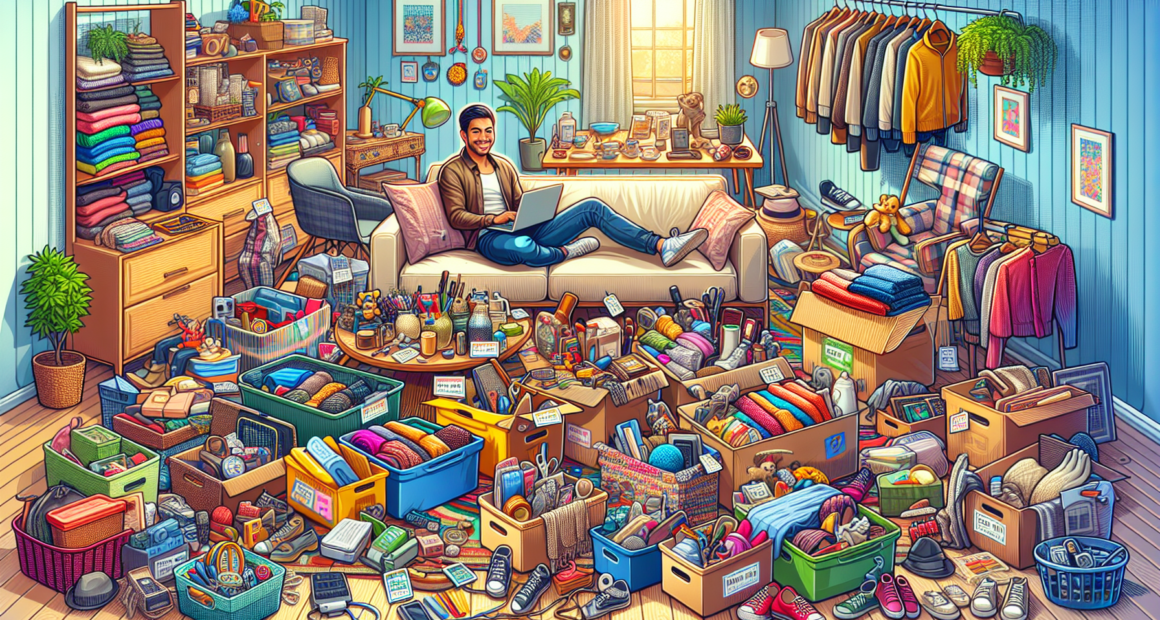 Create an image of a cozy, cluttered living room with a variety of items neatly arranged for a garage sale. Include items like clothes, books, toys, kitchen gadgets, and electronics being organized in