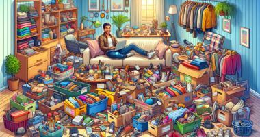 Create an image of a cozy, cluttered living room with a variety of items neatly arranged for a garage sale. Include items like clothes, books, toys, kitchen gadgets, and electronics being organized in