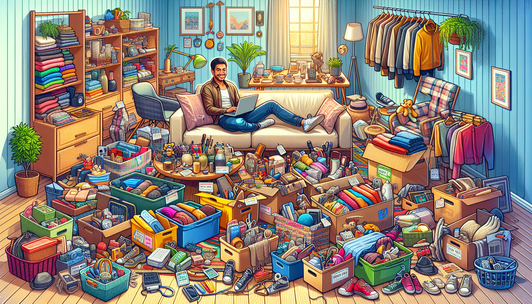 Create an image of a cozy, cluttered living room with a variety of items neatly arranged for a garage sale. Include items like clothes, books, toys, kitchen gadgets, and electronics being organized in