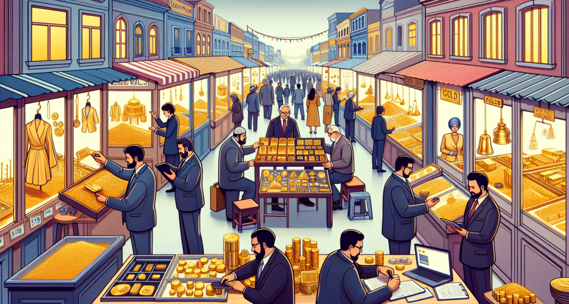 Create an image showing a bustling marketplace with various stalls and shops dedicated to buying gold items. The scene should feature sellers carrying gold jewelry, coins, and bullion, while professio