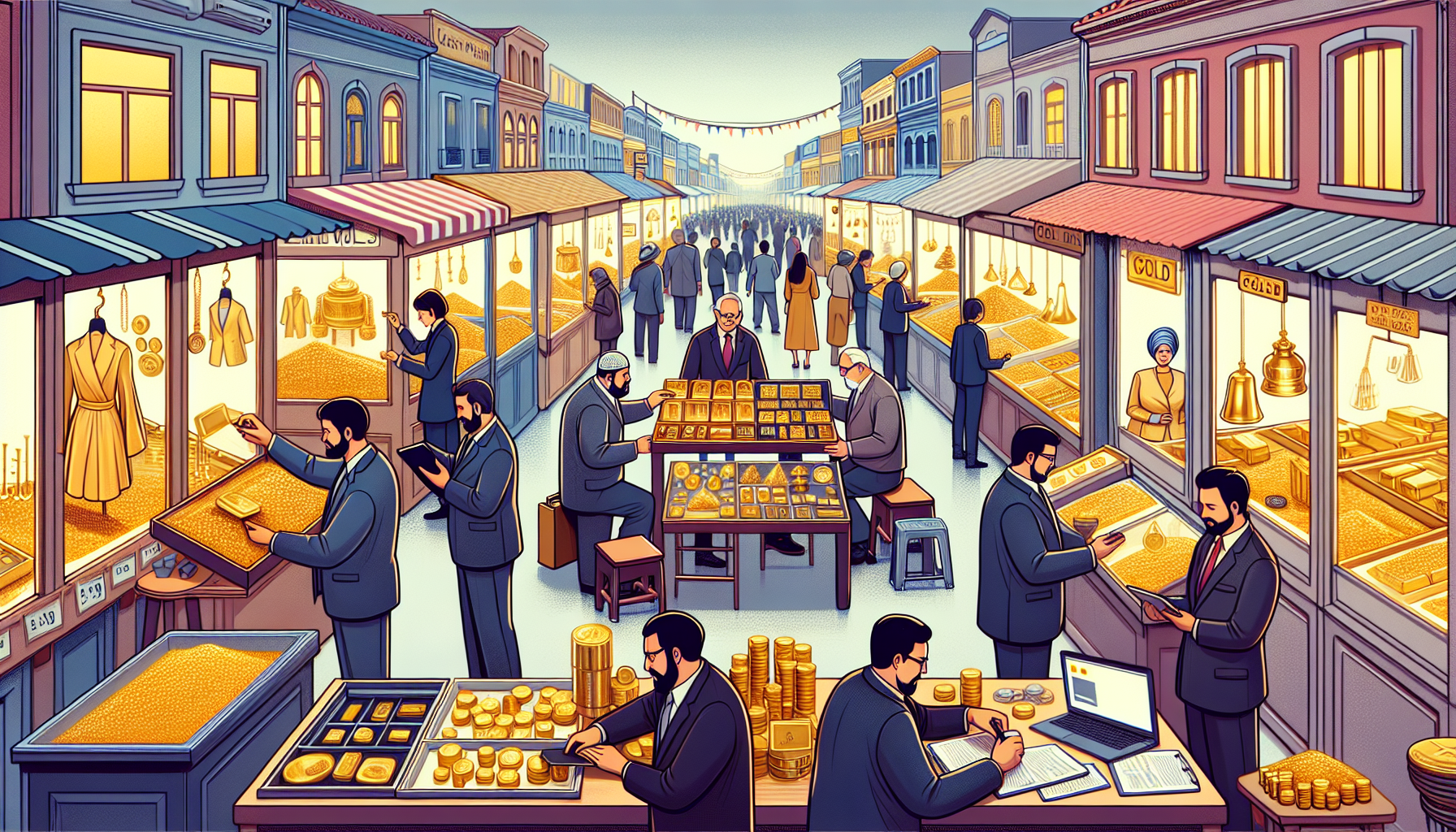 Create an image showing a bustling marketplace with various stalls and shops dedicated to buying gold items. The scene should feature sellers carrying gold jewelry, coins, and bullion, while professio