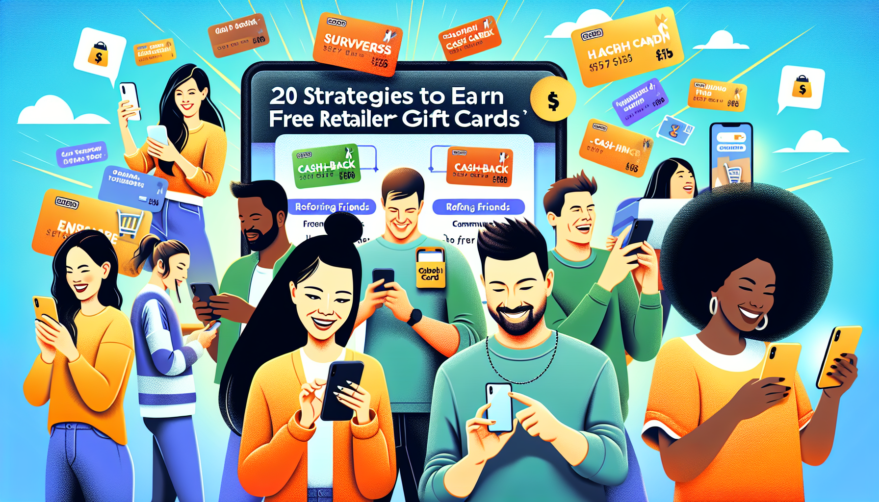 Create an image of a vibrant, cheerful scene showing a variety of people engaging in activities such as answering surveys, using a cash-back app on a smartphone, participating in an online community,