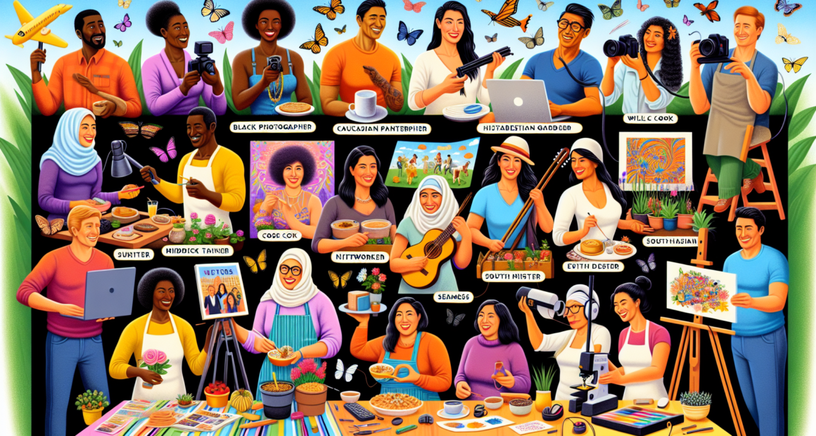 Create a vibrant scene depicting 21 different hobbies being turned into income-generating activities. Include diverse characters engaged in photography, painting, gardening, crafting, playing musical