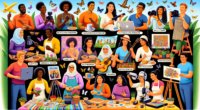 Create a vibrant scene depicting 21 different hobbies being turned into income-generating activities. Include diverse characters engaged in photography, painting, gardening, crafting, playing musical