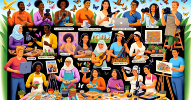 Create a vibrant scene depicting 21 different hobbies being turned into income-generating activities. Include diverse characters engaged in photography, painting, gardening, crafting, playing musical