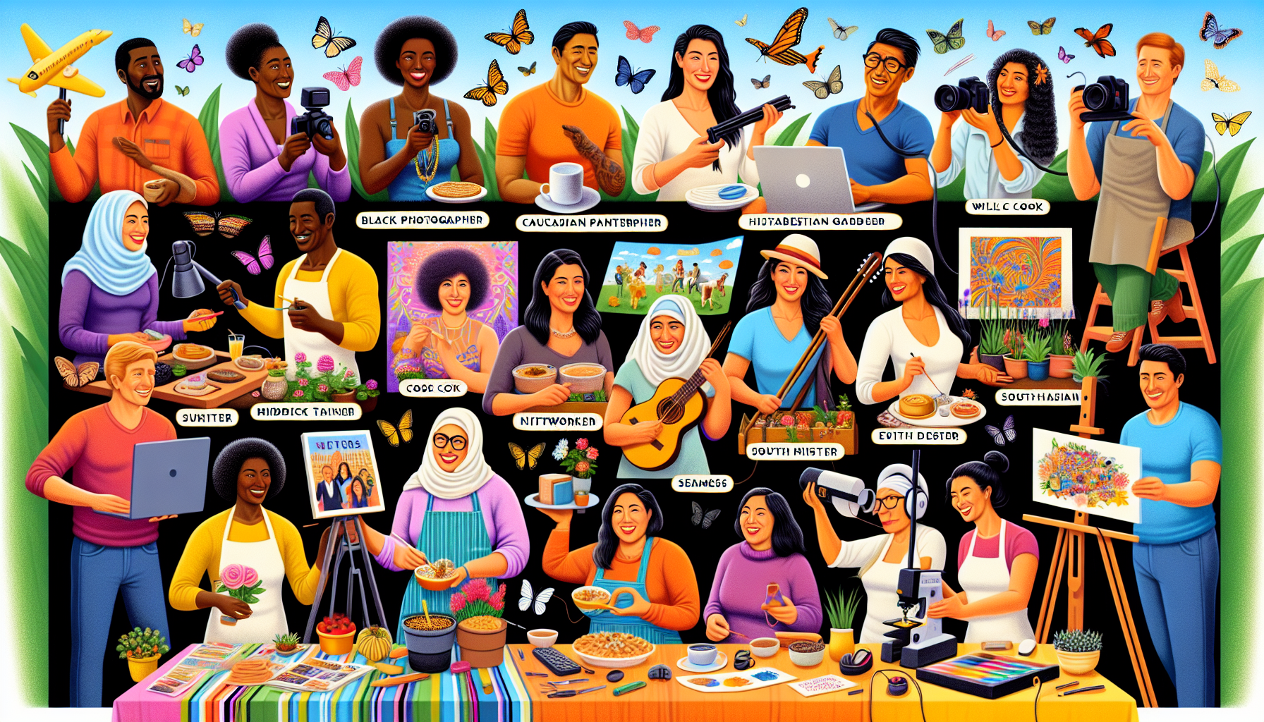 Create a vibrant scene depicting 21 different hobbies being turned into income-generating activities. Include diverse characters engaged in photography, painting, gardening, crafting, playing musical