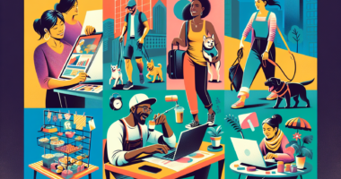 Create an image that showcases a vibrant, bustling scene with individuals engaged in various side hustle activities. Display a diverse range of endeavors such as dog walking, freelance writing, online
