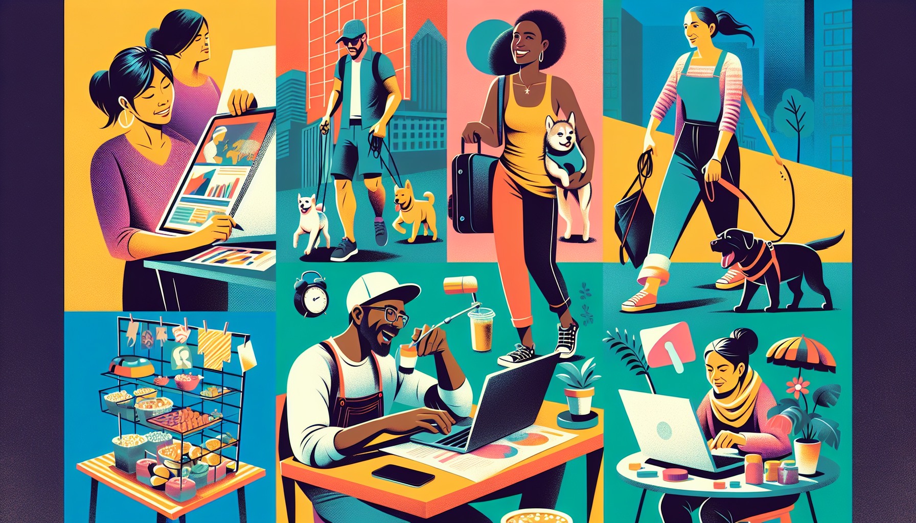 Create an image that showcases a vibrant, bustling scene with individuals engaged in various side hustle activities. Display a diverse range of endeavors such as dog walking, freelance writing, online