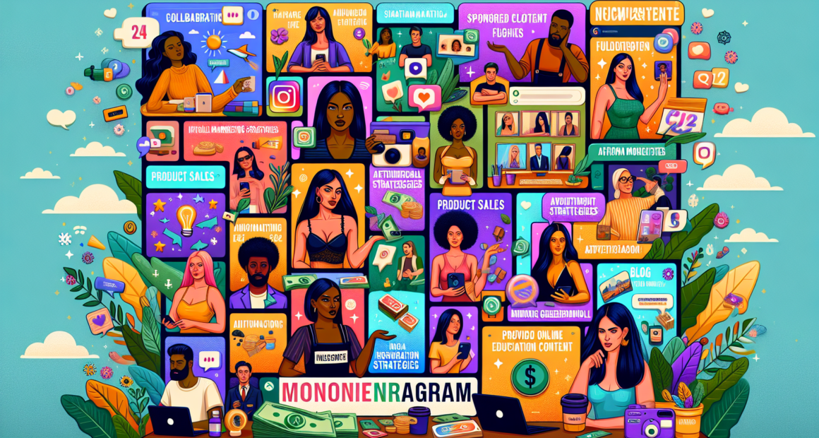 Create a vibrant and engaging illustration showing 24 different ways to make money using Instagram. Include elements such as influencer partnerships, sponsored posts, affiliate marketing, selling prod