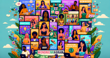 Create a vibrant and engaging illustration showing 24 different ways to make money using Instagram. Include elements such as influencer partnerships, sponsored posts, affiliate marketing, selling prod