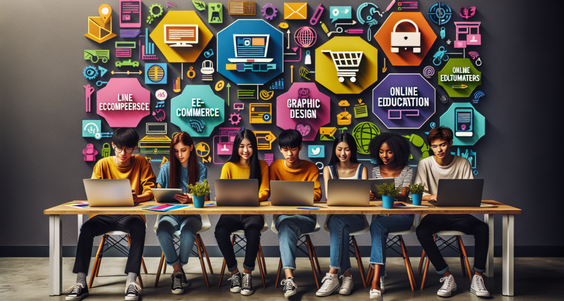 Create an image showing a vibrant and creative workspace with five teenagers collaborating on laptops and tablets. The background is filled with elements representing various online business ideas, su