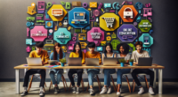 Create an image showing a vibrant and creative workspace with five teenagers collaborating on laptops and tablets. The background is filled with elements representing various online business ideas, su