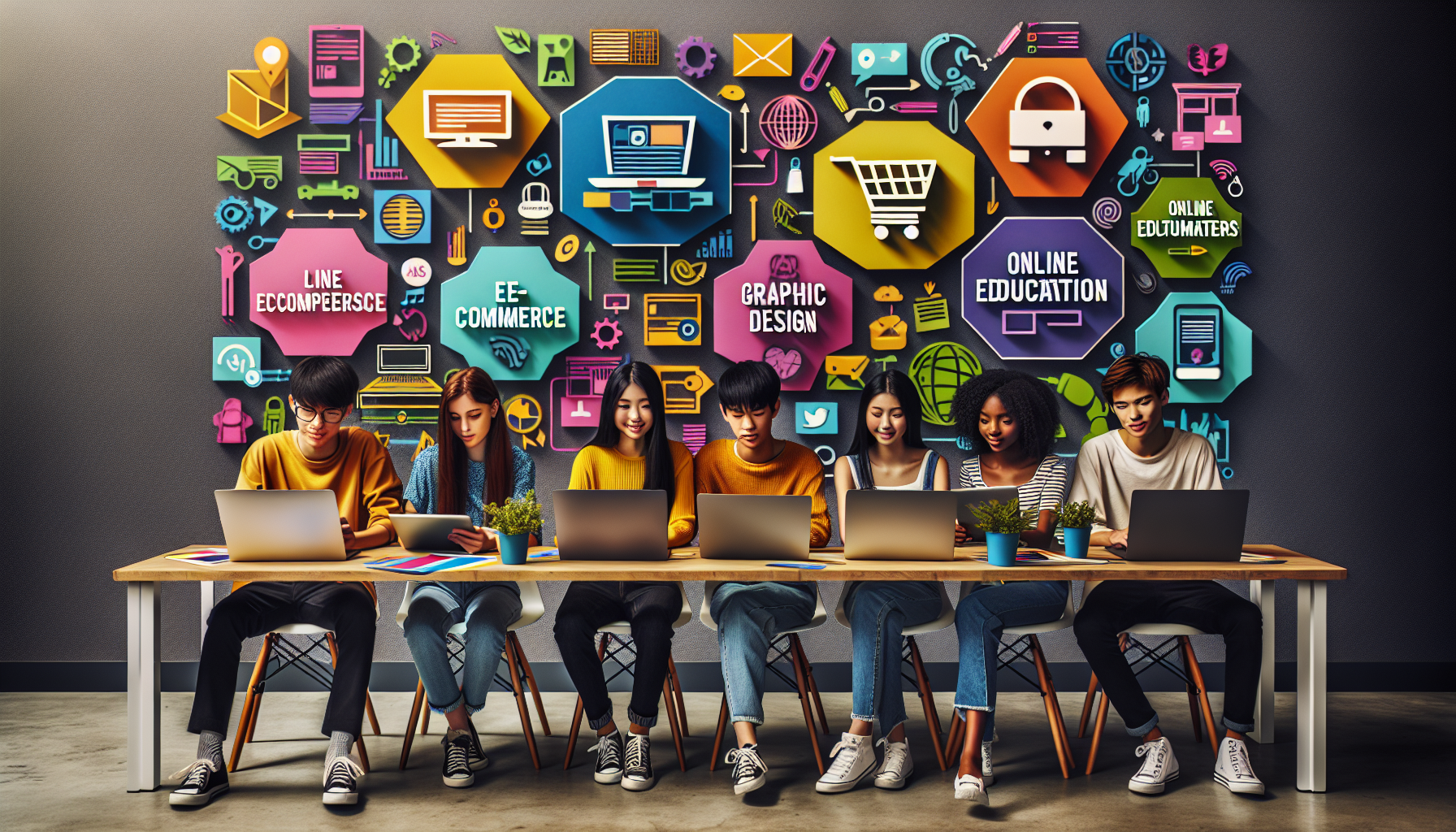 Create an image showing a vibrant and creative workspace with five teenagers collaborating on laptops and tablets. The background is filled with elements representing various online business ideas, su