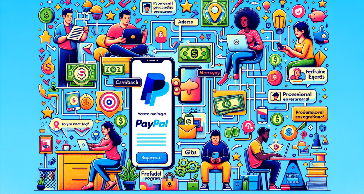 An illustration showcasing diverse methods to earn free PayPal money, featuring a vibrant collage of online surveys, cashback apps, reward websites, promotional offers, referral programs, freelance gi