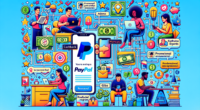 An illustration showcasing diverse methods to earn free PayPal money, featuring a vibrant collage of online surveys, cashback apps, reward websites, promotional offers, referral programs, freelance gi