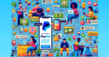 An illustration showcasing diverse methods to earn free PayPal money, featuring a vibrant collage of online surveys, cashback apps, reward websites, promotional offers, referral programs, freelance gi