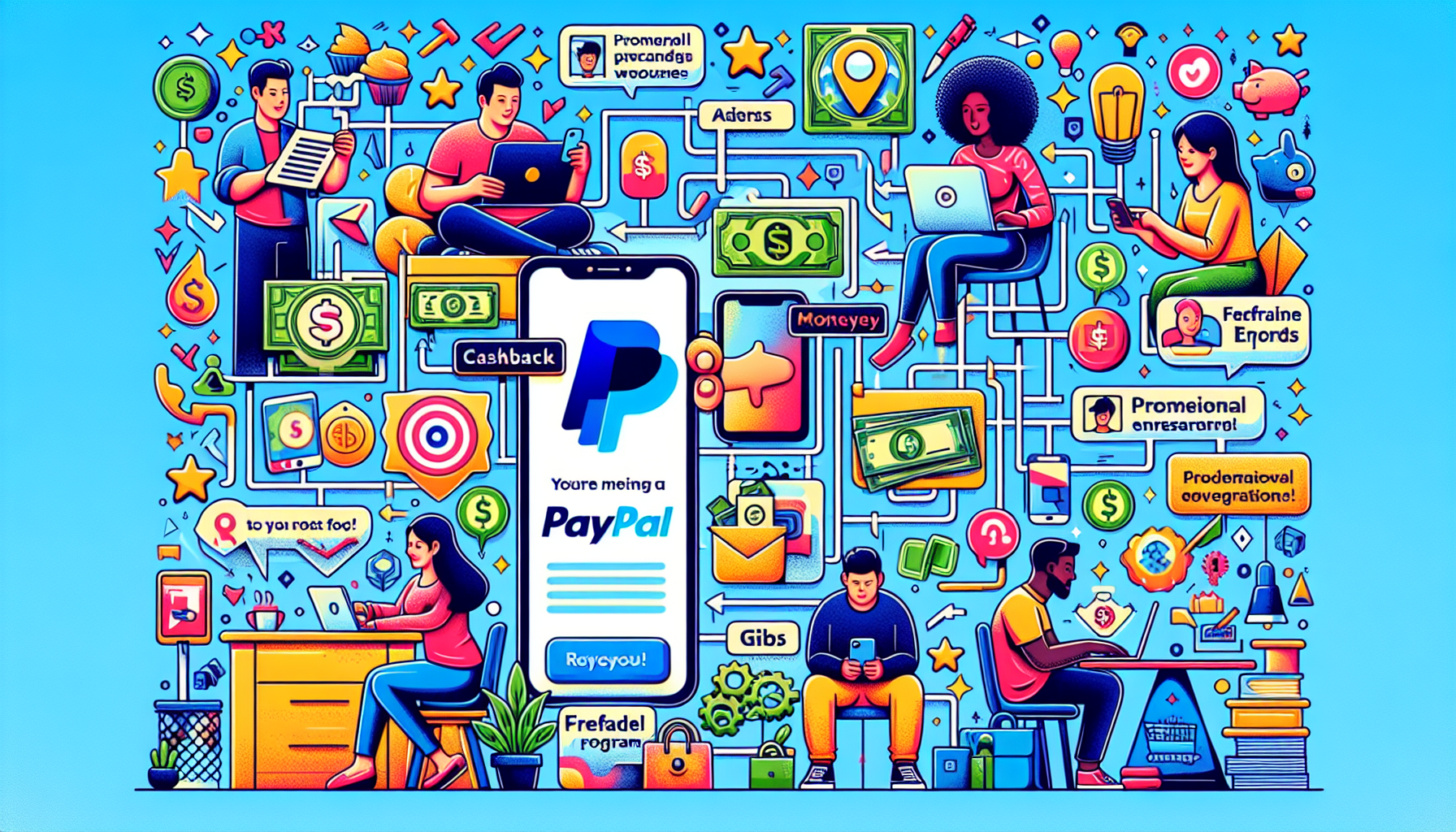 An illustration showcasing diverse methods to earn free PayPal money, featuring a vibrant collage of online surveys, cashback apps, reward websites, promotional offers, referral programs, freelance gi