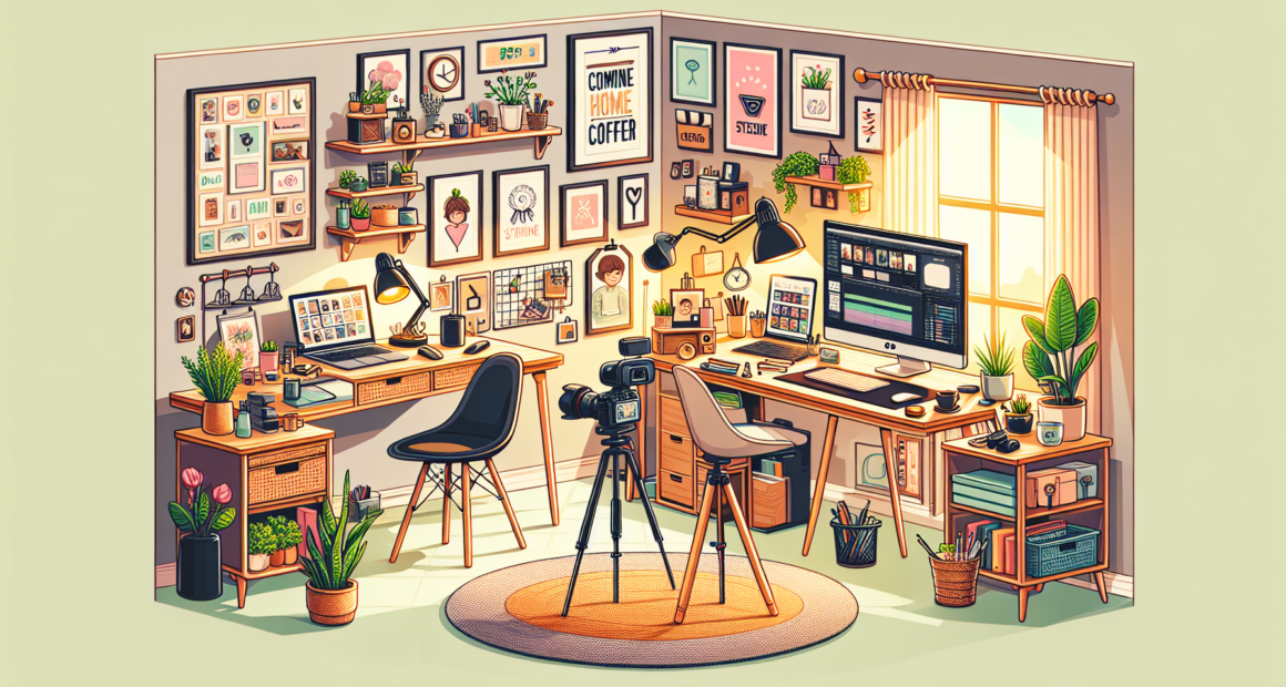 A cozy home office with a laptop on a desk, various home-based work setups like a content creator's corner with a camera and lights, a craft station with handmade products, a digital art tablet, an on