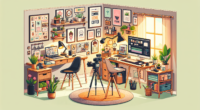 A cozy home office with a laptop on a desk, various home-based work setups like a content creator's corner with a camera and lights, a craft station with handmade products, a digital art tablet, an on