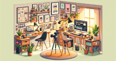 A cozy home office with a laptop on a desk, various home-based work setups like a content creator's corner with a camera and lights, a craft station with handmade products, a digital art tablet, an on