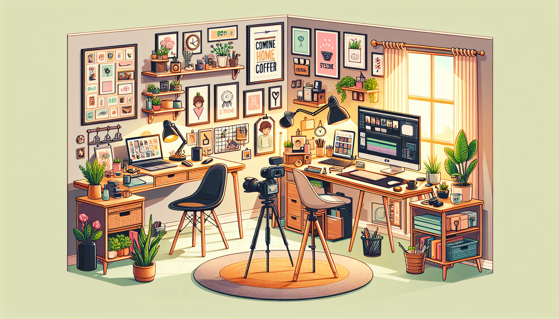 A cozy home office with a laptop on a desk, various home-based work setups like a content creator's corner with a camera and lights, a craft station with handmade products, a digital art tablet, an on