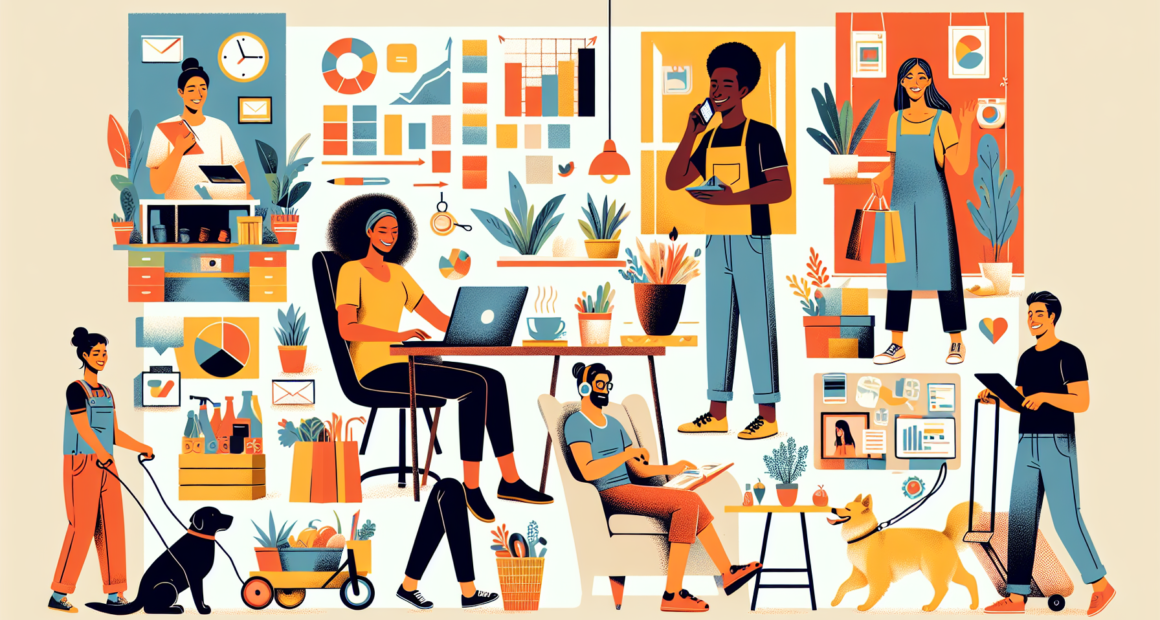 Create an image of a diverse group of people happily engaging in various side hustles. Show one person freelancing on a laptop, another delivering groceries, someone walking a dog, a person crafting handmade items, and another one conducting an online tutoring session. The background features a cozy home office setting with elements that represent creativity, productivity, and financial growth, such as charts, graphs, and cheerful decor. The overall tone should be uplifting and motivational, depicting the idea of generating extra income through side hustles.