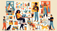 Create an image of a diverse group of people happily engaging in various side hustles. Show one person freelancing on a laptop, another delivering groceries, someone walking a dog, a person crafting handmade items, and another one conducting an online tutoring session. The background features a cozy home office setting with elements that represent creativity, productivity, and financial growth, such as charts, graphs, and cheerful decor. The overall tone should be uplifting and motivational, depicting the idea of generating extra income through side hustles.