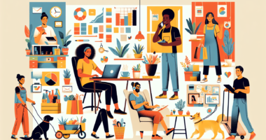 Create an image of a diverse group of people happily engaging in various side hustles. Show one person freelancing on a laptop, another delivering groceries, someone walking a dog, a person crafting handmade items, and another one conducting an online tutoring session. The background features a cozy home office setting with elements that represent creativity, productivity, and financial growth, such as charts, graphs, and cheerful decor. The overall tone should be uplifting and motivational, depicting the idea of generating extra income through side hustles.
