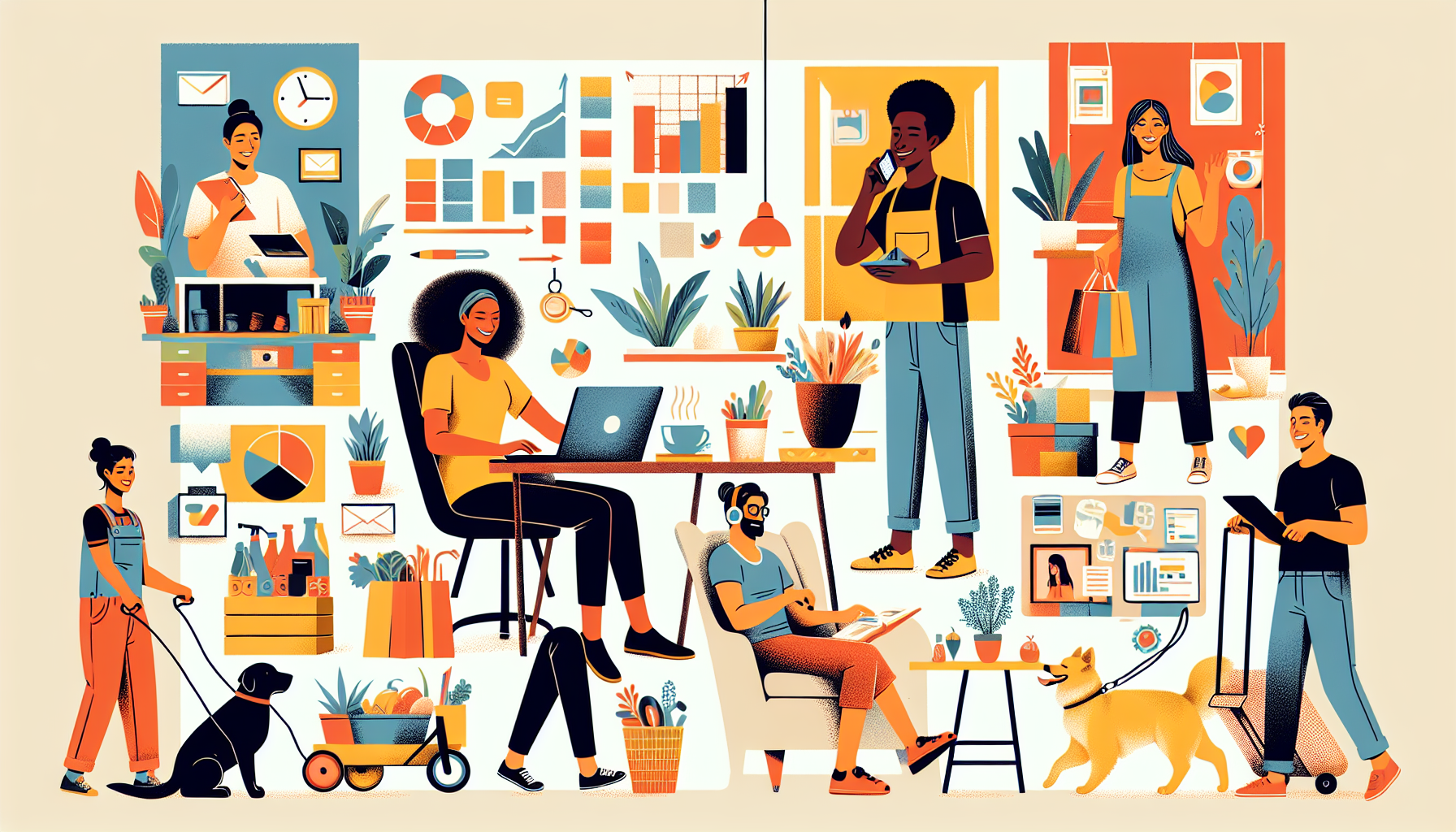 Create an image of a diverse group of people happily engaging in various side hustles. Show one person freelancing on a laptop, another delivering groceries, someone walking a dog, a person crafting handmade items, and another one conducting an online tutoring session. The background features a cozy home office setting with elements that represent creativity, productivity, and financial growth, such as charts, graphs, and cheerful decor. The overall tone should be uplifting and motivational, depicting the idea of generating extra income through side hustles.