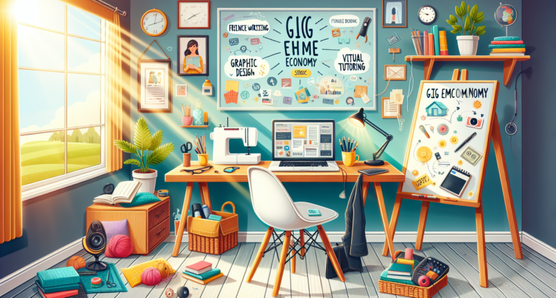 An inviting home office scene with a cozy yet organized desk, featuring a laptop with various side hustle activities displayed on its screen, such as freelance writing, graphic design, and online tutoring. Around the room, there are elements signifying different side hustles, like a sewing machine, a stack of books, and a whiteboard with brainstorming ideas. The atmosphere is productive and inspiring, with natural light streaming in through a window and a cup of coffee on the desk.