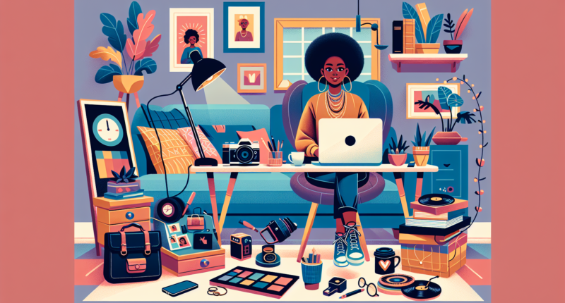 Create an illustration of a person comfortably working on different side hustles at home. They are surrounded by a laptop displaying freelance work, a camera for online tutoring, items ready to be sold online, and a smartphone for app-based tasks. The background shows a cozy home environment with a visible clock indicating evening hours.