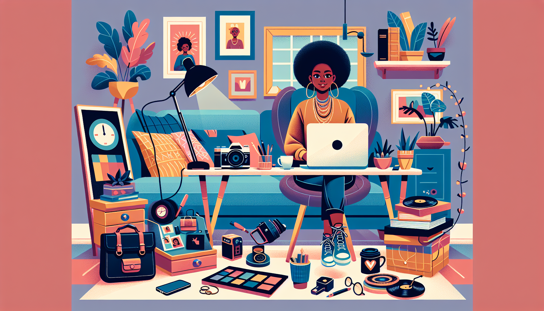 Create an illustration of a person comfortably working on different side hustles at home. They are surrounded by a laptop displaying freelance work, a camera for online tutoring, items ready to be sold online, and a smartphone for app-based tasks. The background shows a cozy home environment with a visible clock indicating evening hours.