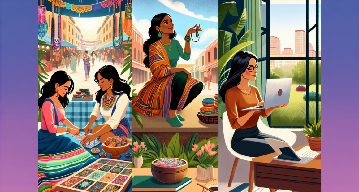 Create an uplifting and vibrant illustration of diverse women engaging in various side hustles to boost their income and independence. Show scenes of women in different settings: one selling handmade jewelry at a bustling market, another working on a laptop from her cozy home office, yet another teaching a yoga class in a park, and one managing a small online boutique. Each woman embodies confidence and empowerment, with a backdrop that highlights their individuality and determination.