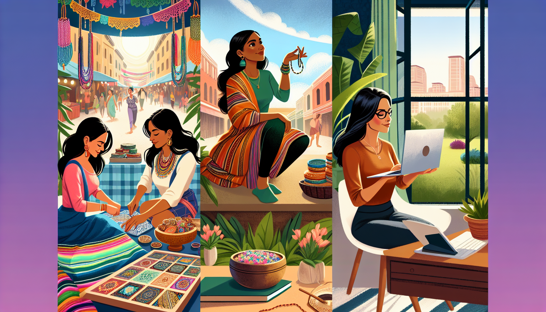 Create an uplifting and vibrant illustration of diverse women engaging in various side hustles to boost their income and independence. Show scenes of women in different settings: one selling handmade jewelry at a bustling market, another working on a laptop from her cozy home office, yet another teaching a yoga class in a park, and one managing a small online boutique. Each woman embodies confidence and empowerment, with a backdrop that highlights their individuality and determination.