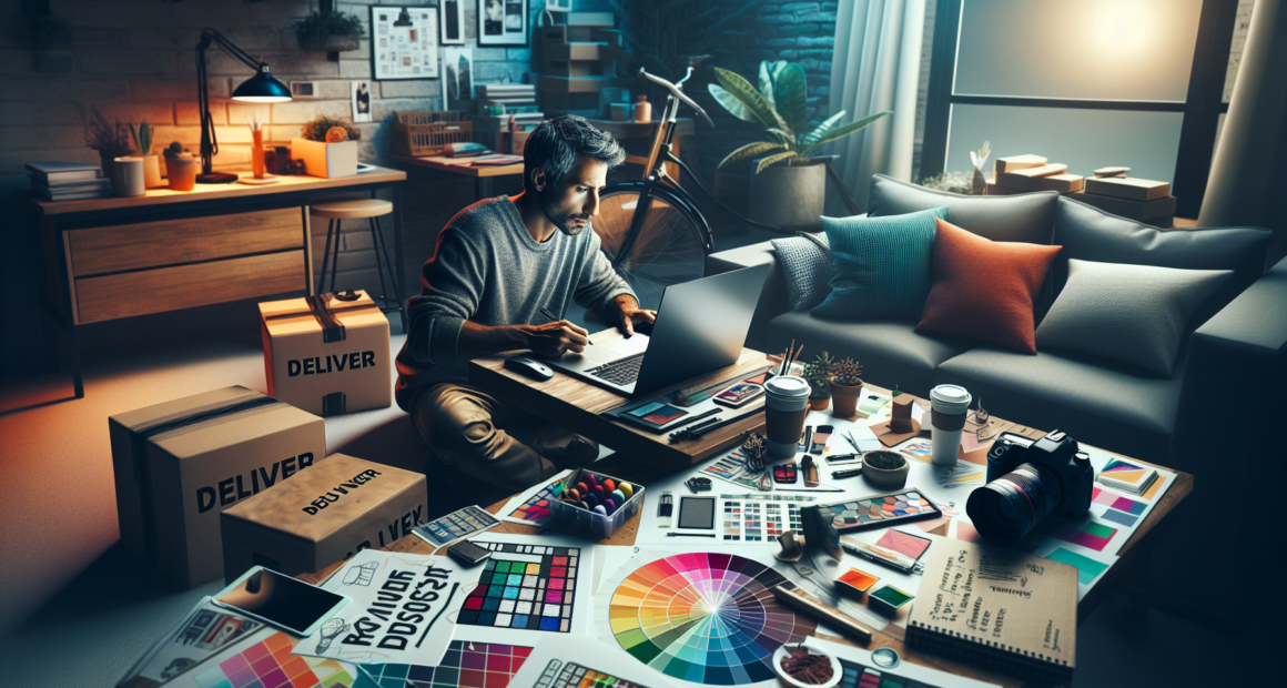 Create an image of a person working on a laptop in a cozy home office setting with visible items representing various side gigs, such as a camera for photography, graphic design sketches, a delivery bag, and a notebook with writing ideas. The scene should evoke a sense of productivity and financial growth.