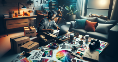 Create an image of a person working on a laptop in a cozy home office setting with visible items representing various side gigs, such as a camera for photography, graphic design sketches, a delivery bag, and a notebook with writing ideas. The scene should evoke a sense of productivity and financial growth.