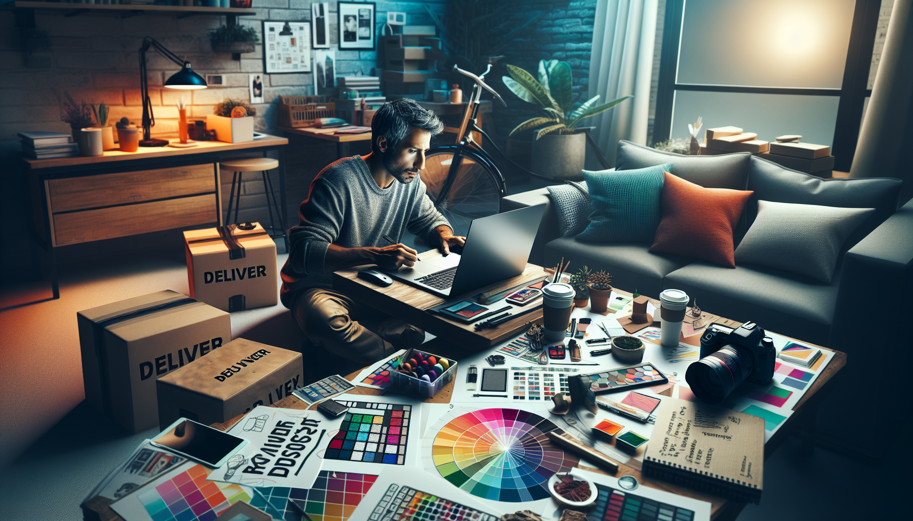 Create an image of a person working on a laptop in a cozy home office setting with visible items representing various side gigs, such as a camera for photography, graphic design sketches, a delivery bag, and a notebook with writing ideas. The scene should evoke a sense of productivity and financial growth.